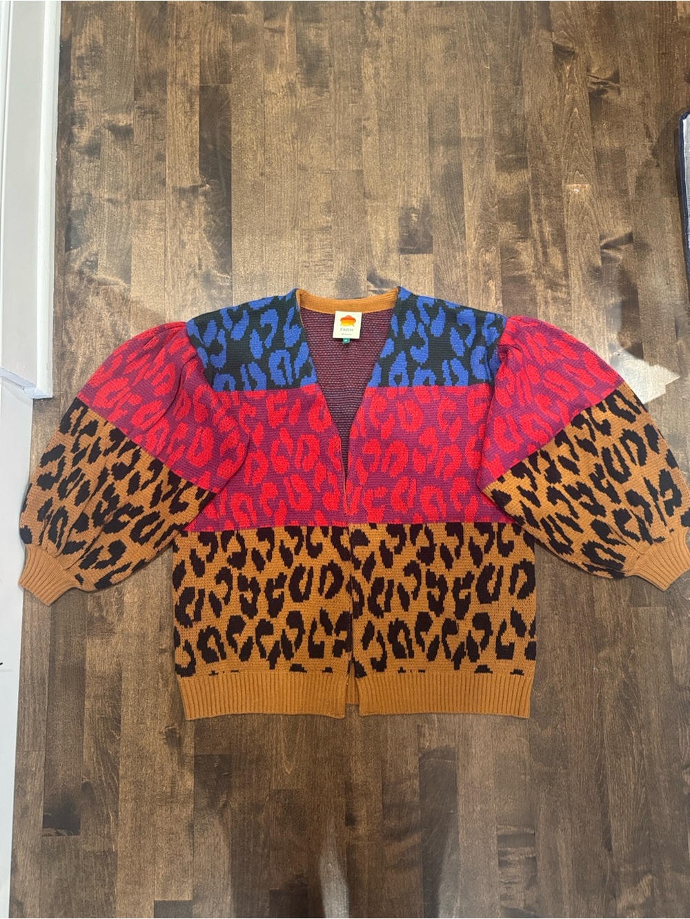 Farm Rio Colorblock Leopard Print Knit Cardigan - Multicolor